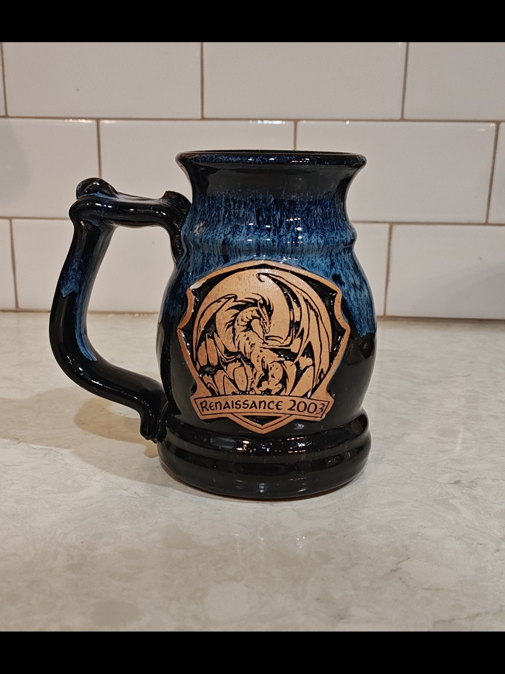 2003 Renaissance Mug Tankard With Dragon Blue Drip Glaze Over Black Base Pottery
